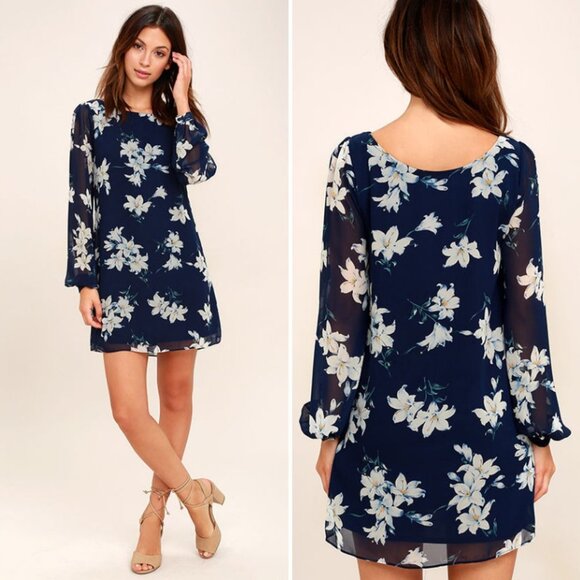 Lulus This Time Around Navy Floral Chiffon Dress - Picture 1 of 8